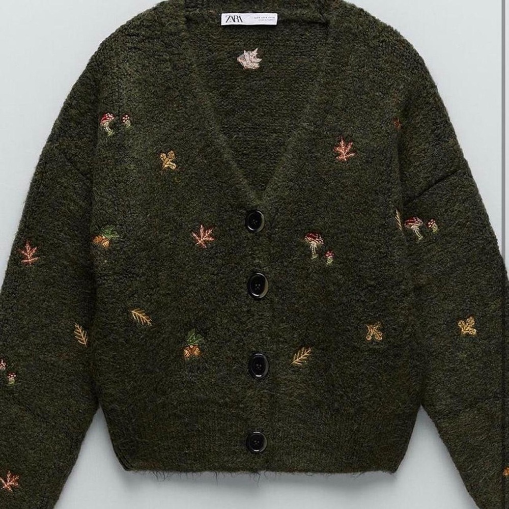 Zara Green Embroidered Cardigan Sweater